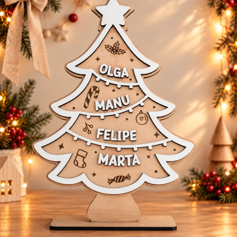 Árbol de Navidad de madera personalizado con los nombres de tu familia
