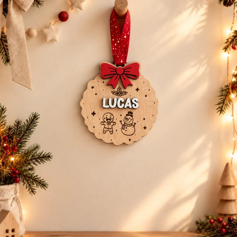 Decoración personalizada para el árbol de Navidad con nombre y grabado de una galleta de jengibre y un muñeco de nieve con cinta navideña roja