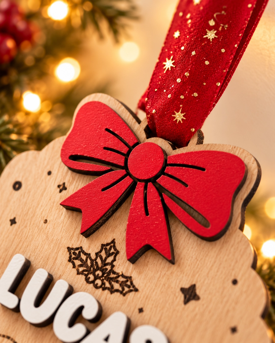Detalle de la parte superior de la bola Navidad para la decoración personalizada para el árbol de Navidad con nombre y grabado de una galleta de jengibre y un muñeco de nieve con cinta navideña roja