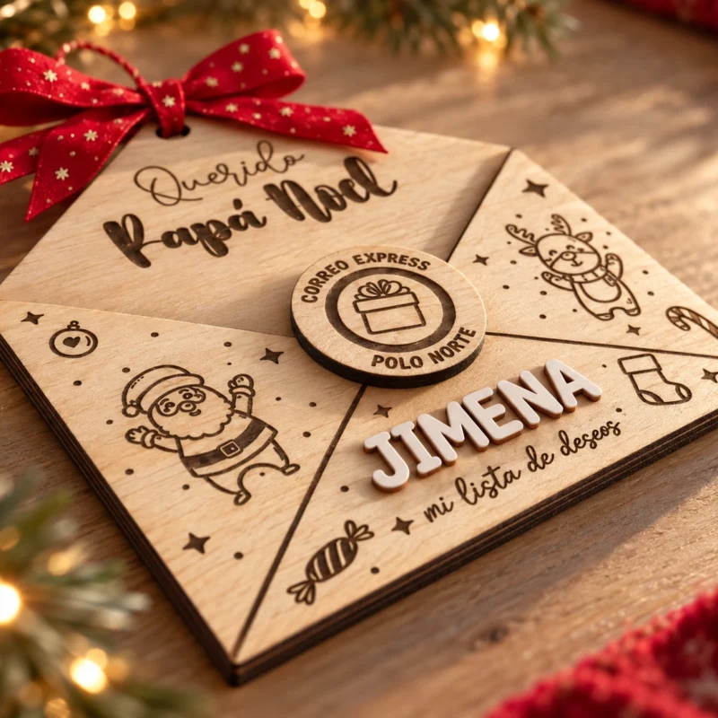 Fotografía artística del sobre para la carta a Papá Noel personalizado con nombre con lazo rojo