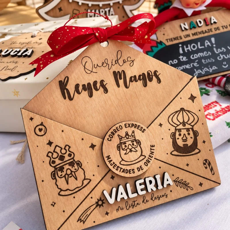 Primer plano del sobre para la carta a los Reyes Magos personalizado con nombre. Fotografía del puesto de Perita Canela en un mercado artesanal con la colección de productos de Navidad.