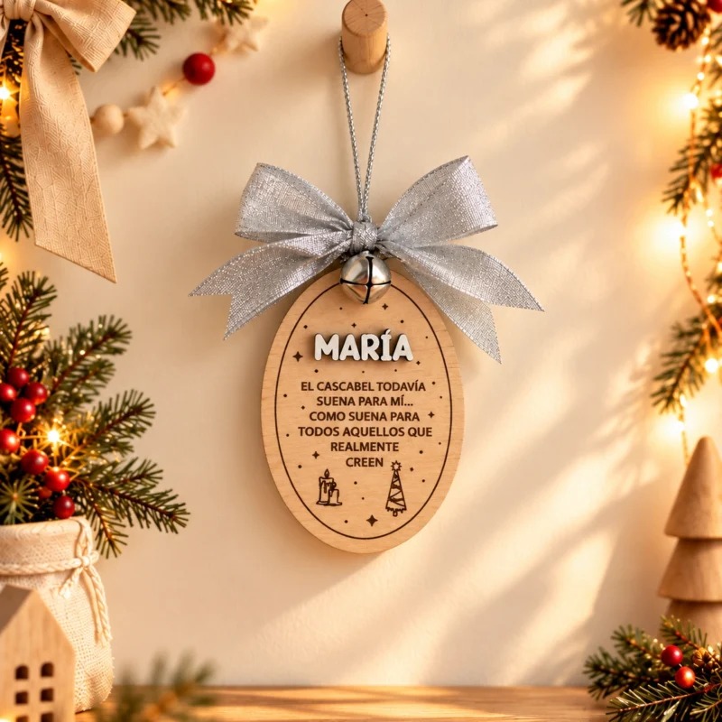 Adorno navideño con cascabel y lazo plateado personalizado con nombre en blanco.