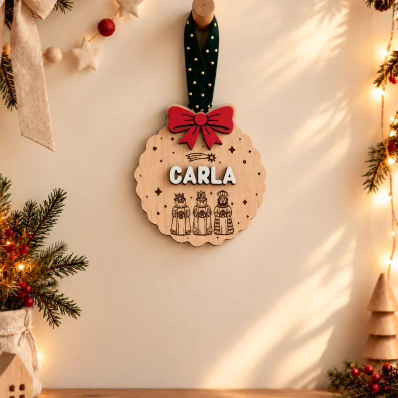 Bola de Navidad personalizada con nombre y grabado de los Reyes Magos con cinta navideña verde