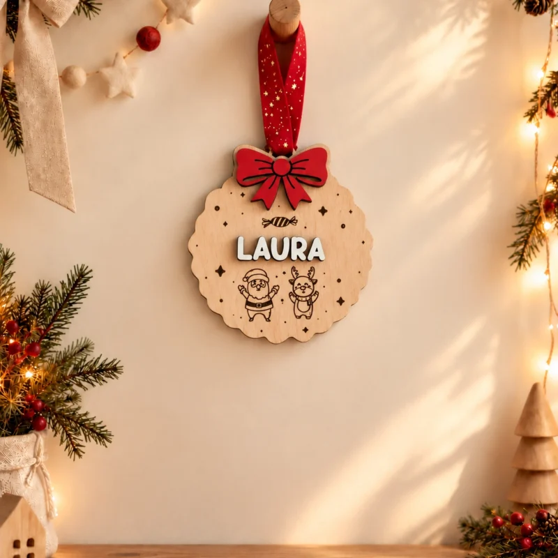 Bola de Navidad personalizada con nombre con lazo rojo y grabado de Papá Noel y el Reno.