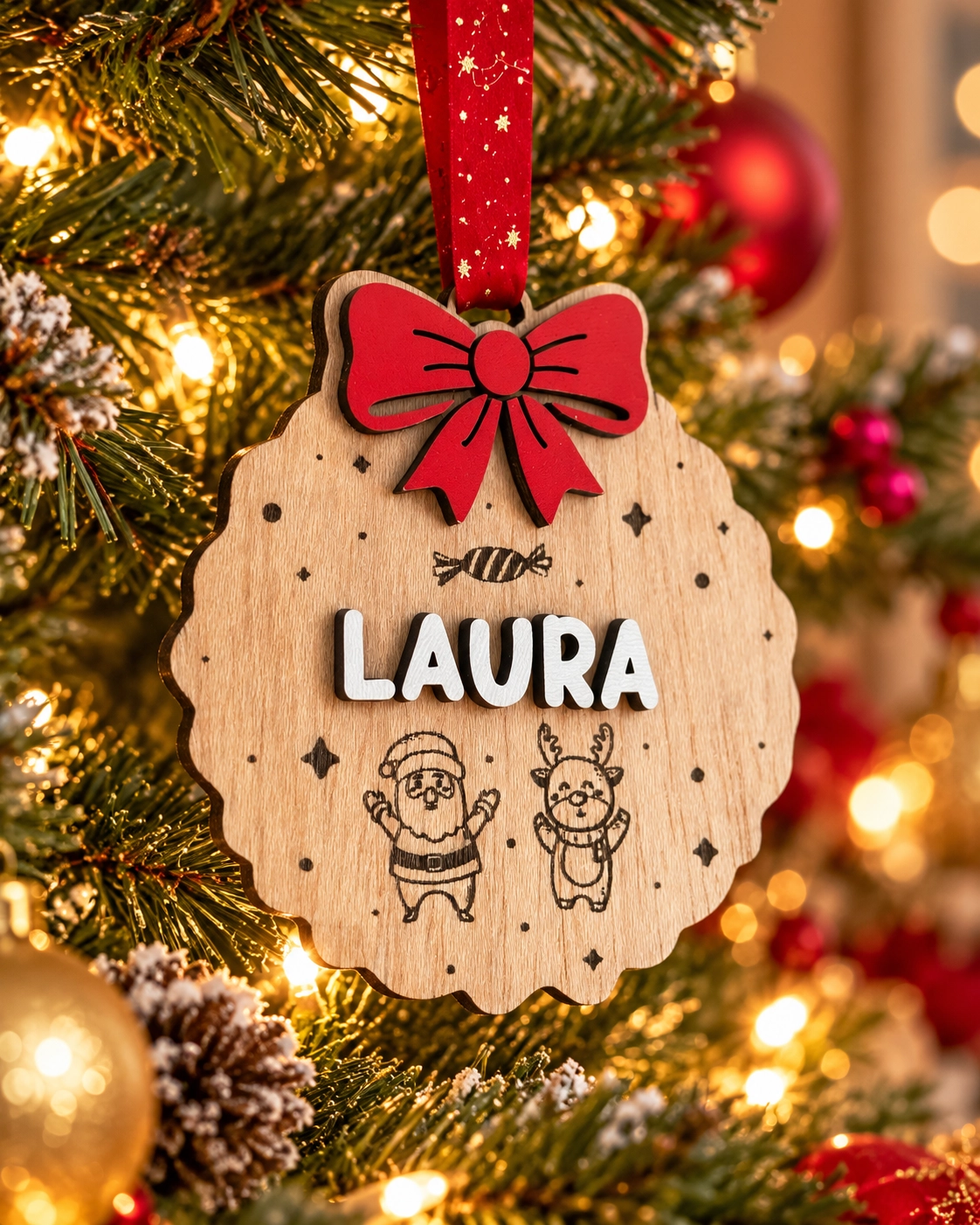 Bola de Navidad personalizada con nombre con lazo rojo y grabado de Papá Noel y el Reno colgada del árbol