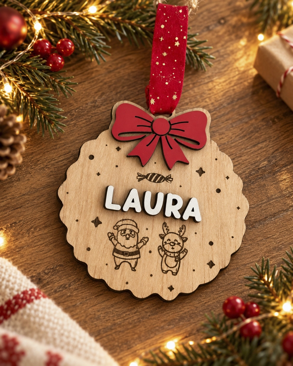 Bola de Navidad personalizada con nombre con lazo rojo y grabado de Papá Noel y el Reno sobre la mesa